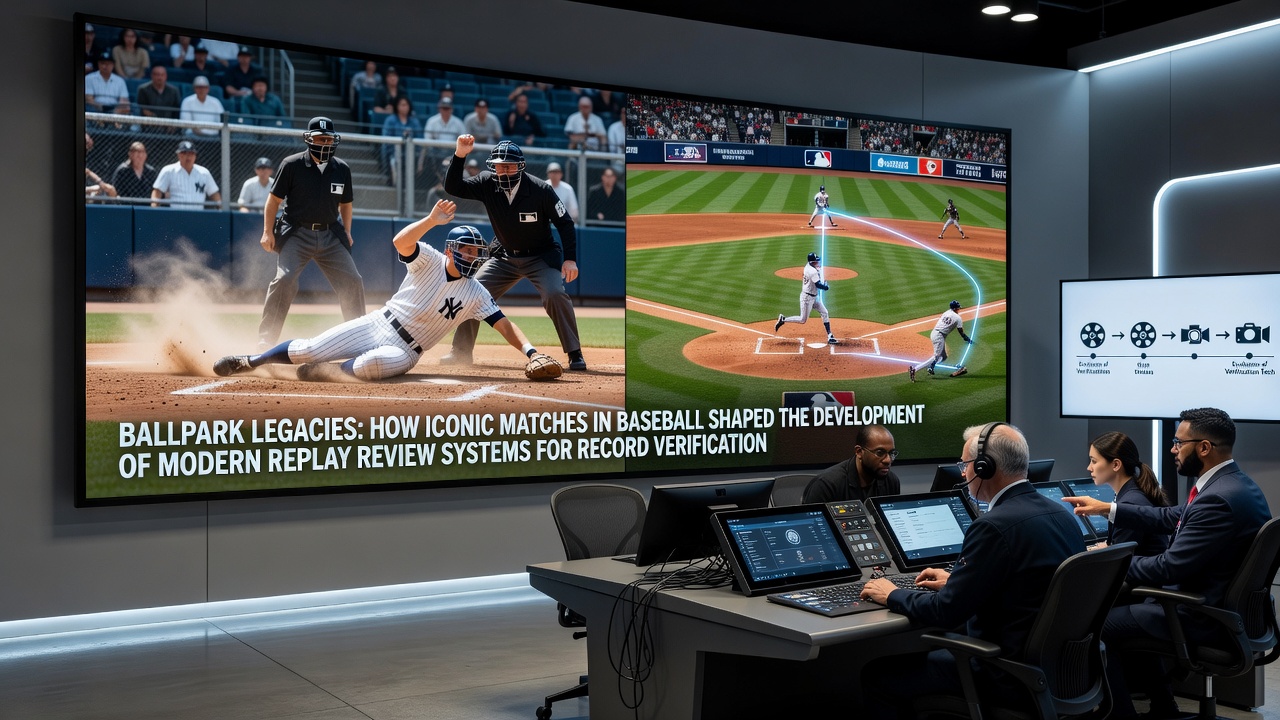 Historic baseball stadium with fans watching a key play under review on large screens