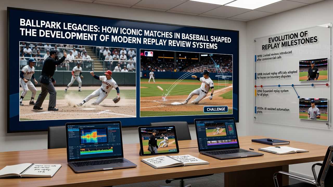 Umpire crew reviewing a close play at first base using tablet technology during a professional baseball game