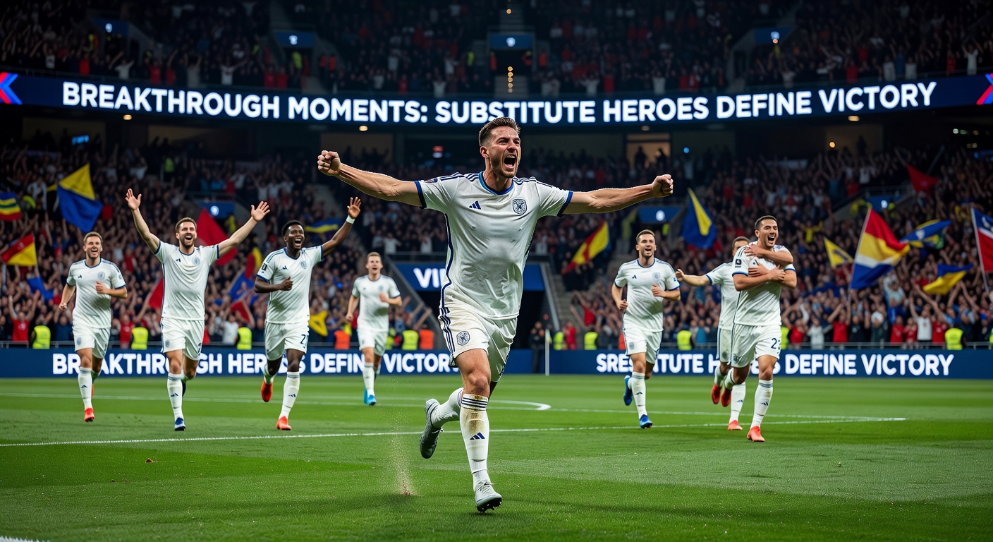 Celebration on the pitch after a substitute scores in a tournament final
