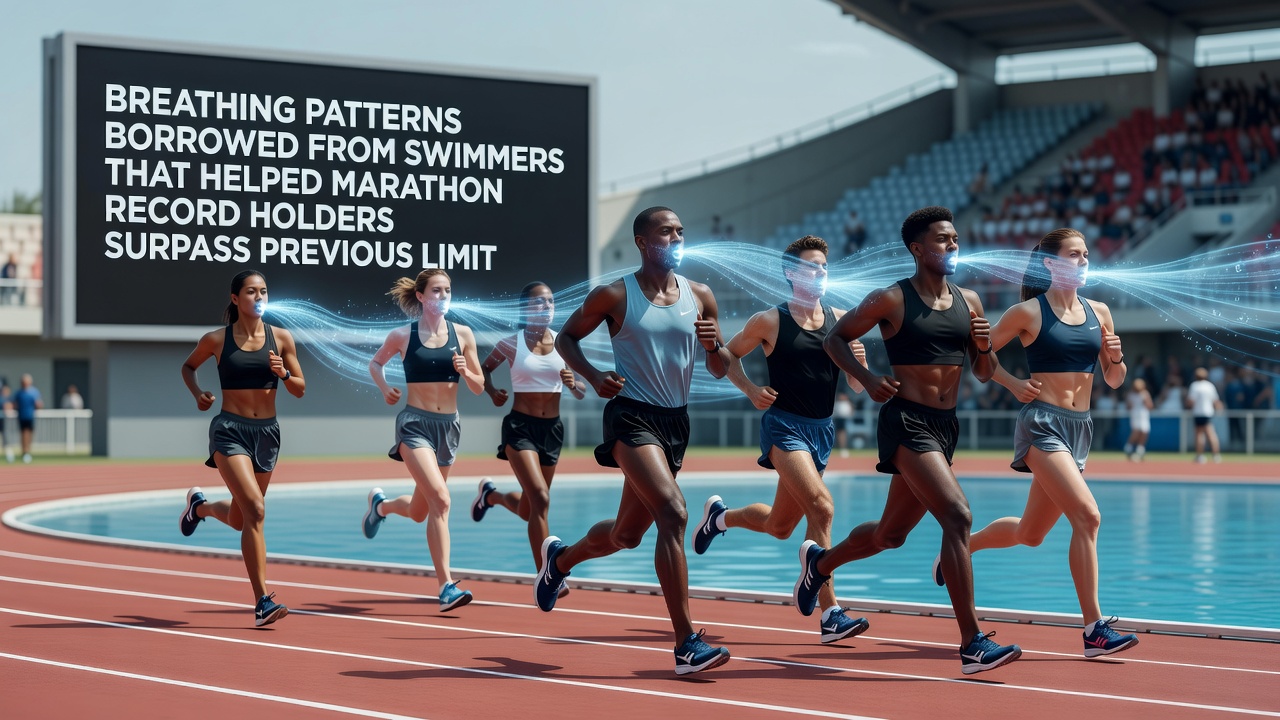 Marathon runners applying adapted swimmer breathing techniques during a long training session on an open road