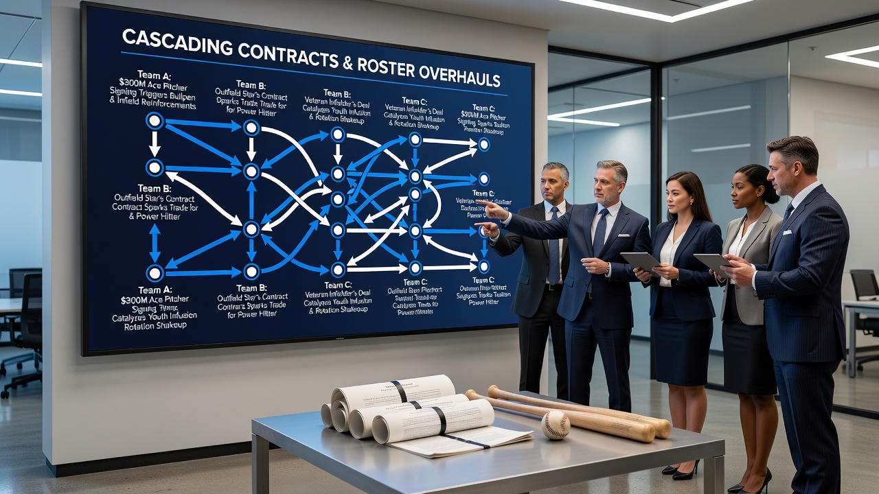 Team executives reviewing contract documents during a period of synchronized roster rebuilding across baseball and basketball organizations