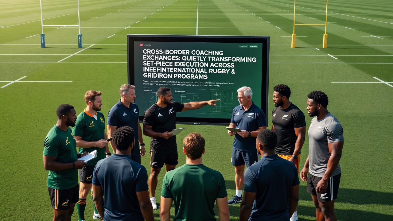 Coaches from rugby and gridiron programs reviewing set-piece formations during an international exchange session