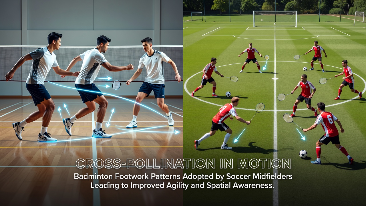 Training session showing soccer players practicing badminton-style footwork drills on a professional pitch