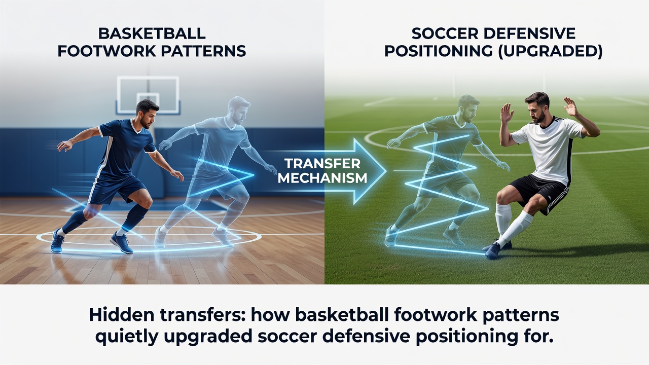 Close-up of soccer player executing a basketball-style defensive slide to maintain position against an advancing forward