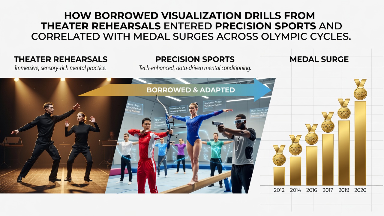 Athletes practicing visualization techniques adapted from theater rehearsals in a precision sports training facility