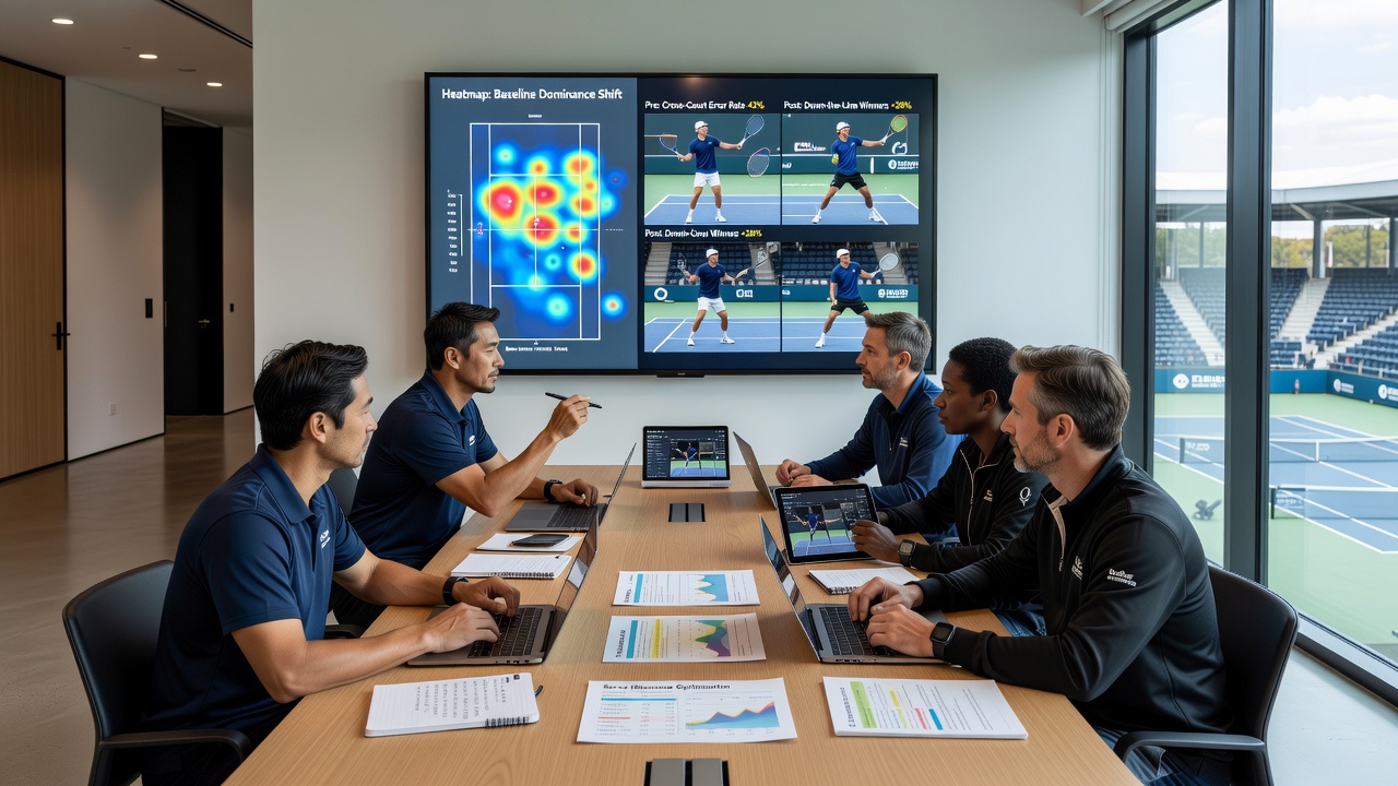 Close-up of a tennis player studying video replay on a tablet with coach annotations highlighting serve patterns