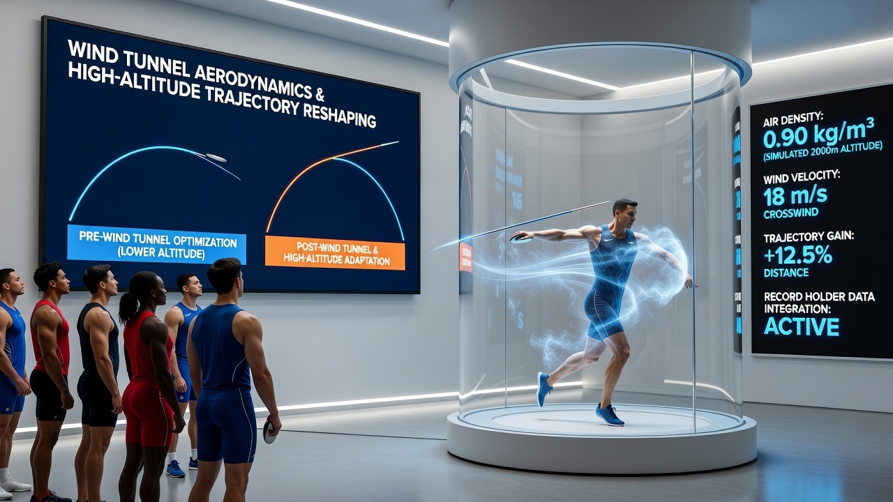Athletes reviewing wind tunnel trajectory simulations for javelin throws at an elevated training center