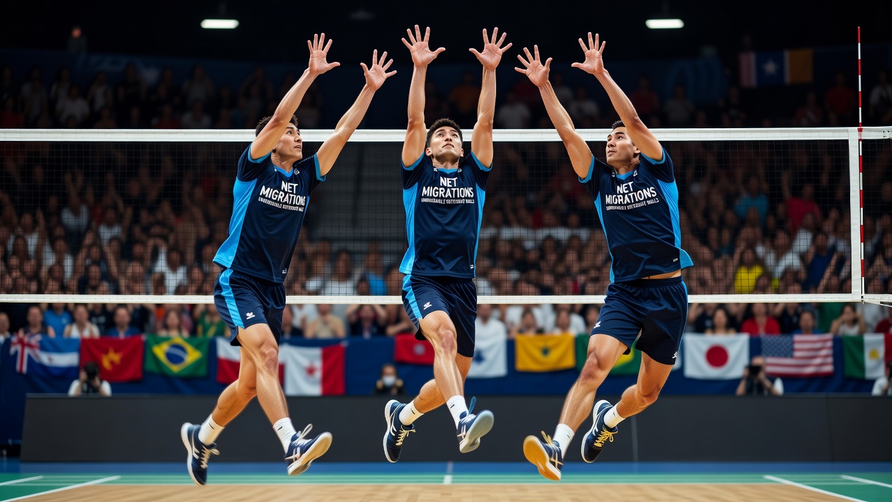 Volleyball players demonstrating lateral blocking footwork patterns during an international match