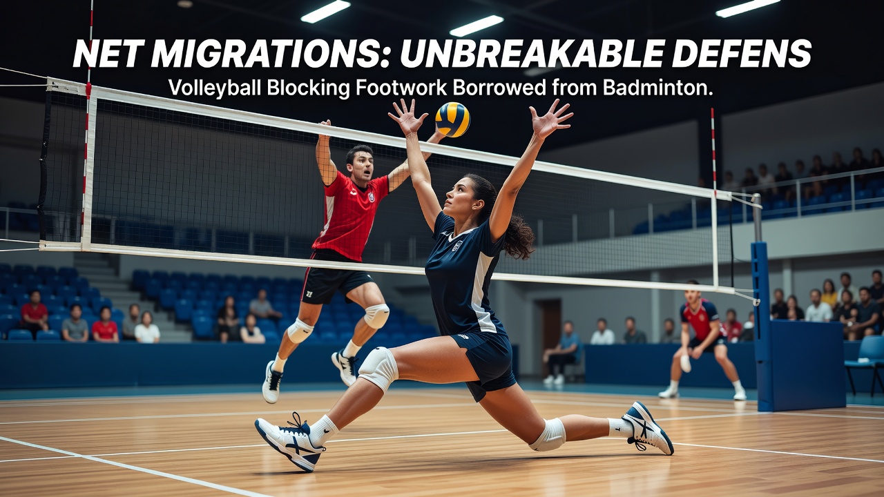 Close-up of volleyball blockers using badminton-inspired lateral steps at the net