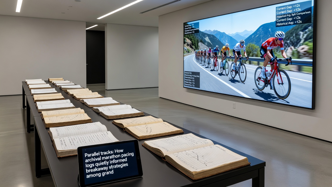 Cycling coaches reviewing printed marathon split sheets next to current race power graphs in a team meeting room