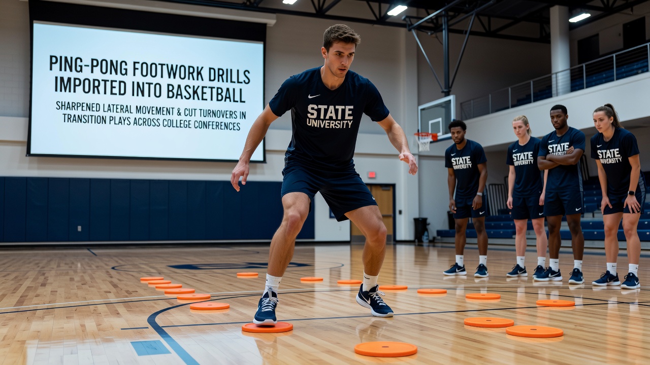 College basketball players performing ping-pong inspired footwork drills on court during practice session