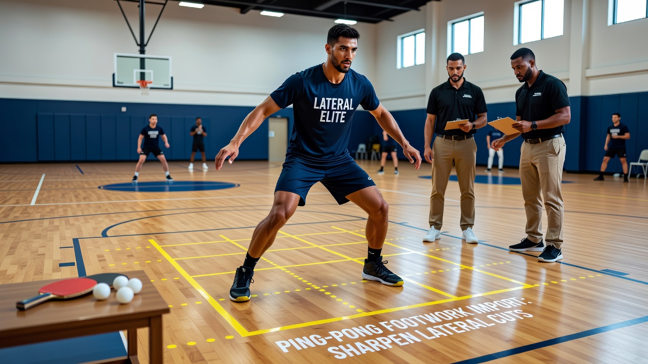 Basketball team executing lateral footwork patterns adapted from table tennis during transition defense drill