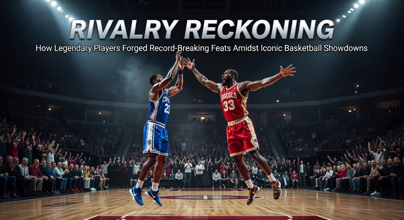 Legendary basketball players competing in a high-stakes rivalry game with crowd in background