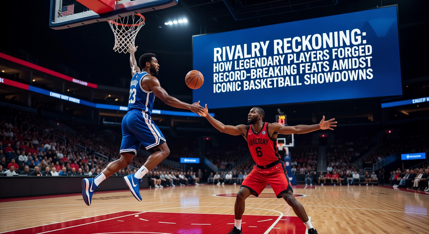 Intense basketball showdown between rival teams with players executing record-setting plays