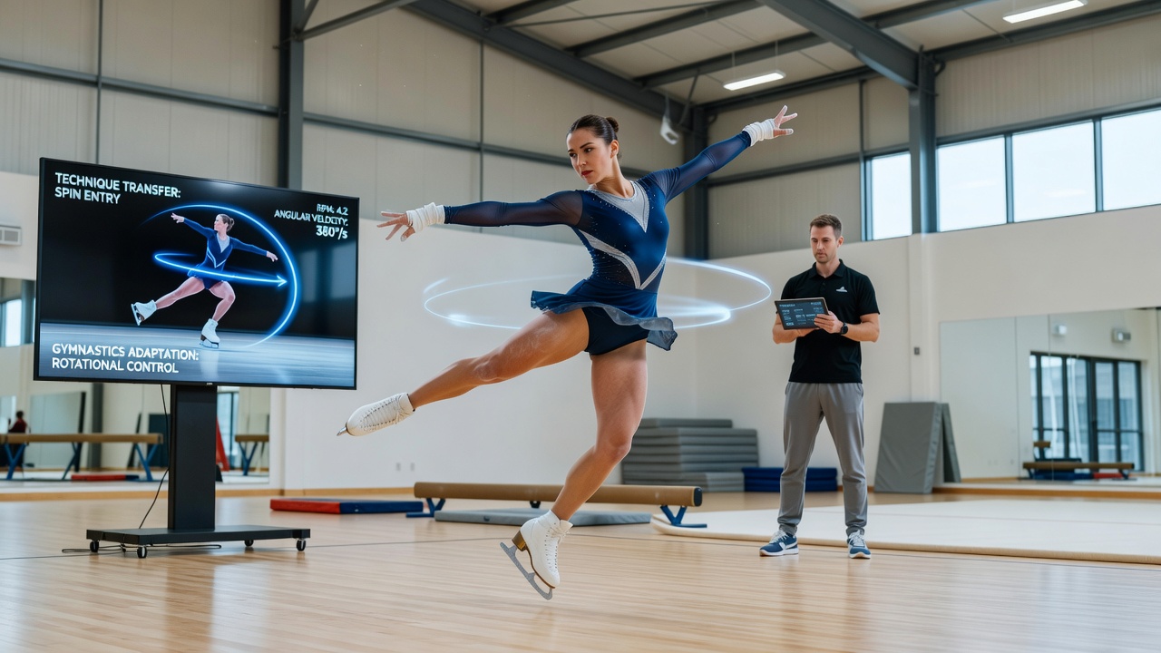 Close-up of a gymnast executing a high-speed spin on the floor exercise mat with skating-inspired body alignment