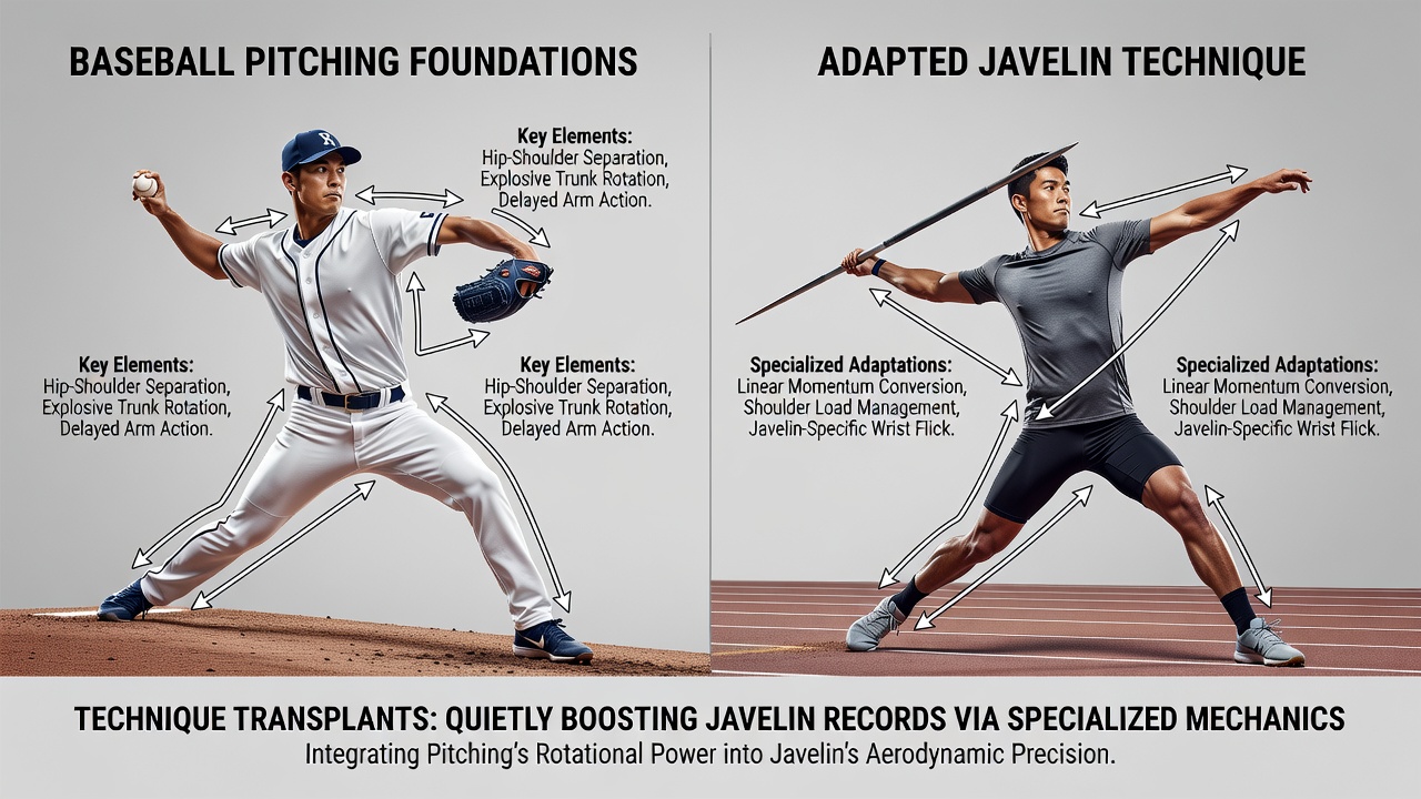 Javelin athlete executing a throw with visible hip-shoulder separation and arm extension patterns adapted from pitching mechanics