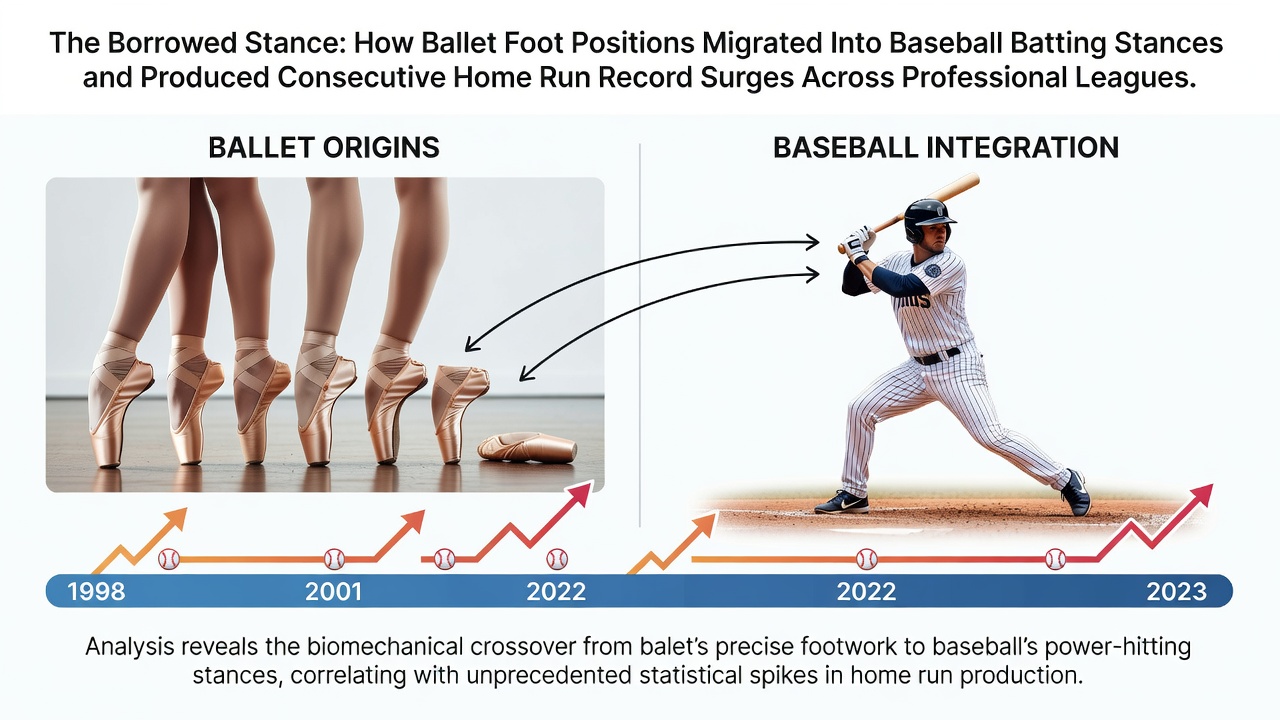 Historical diagram showing ballet foot positions adapted into baseball batting stances with annotations on weight distribution and hip alignment