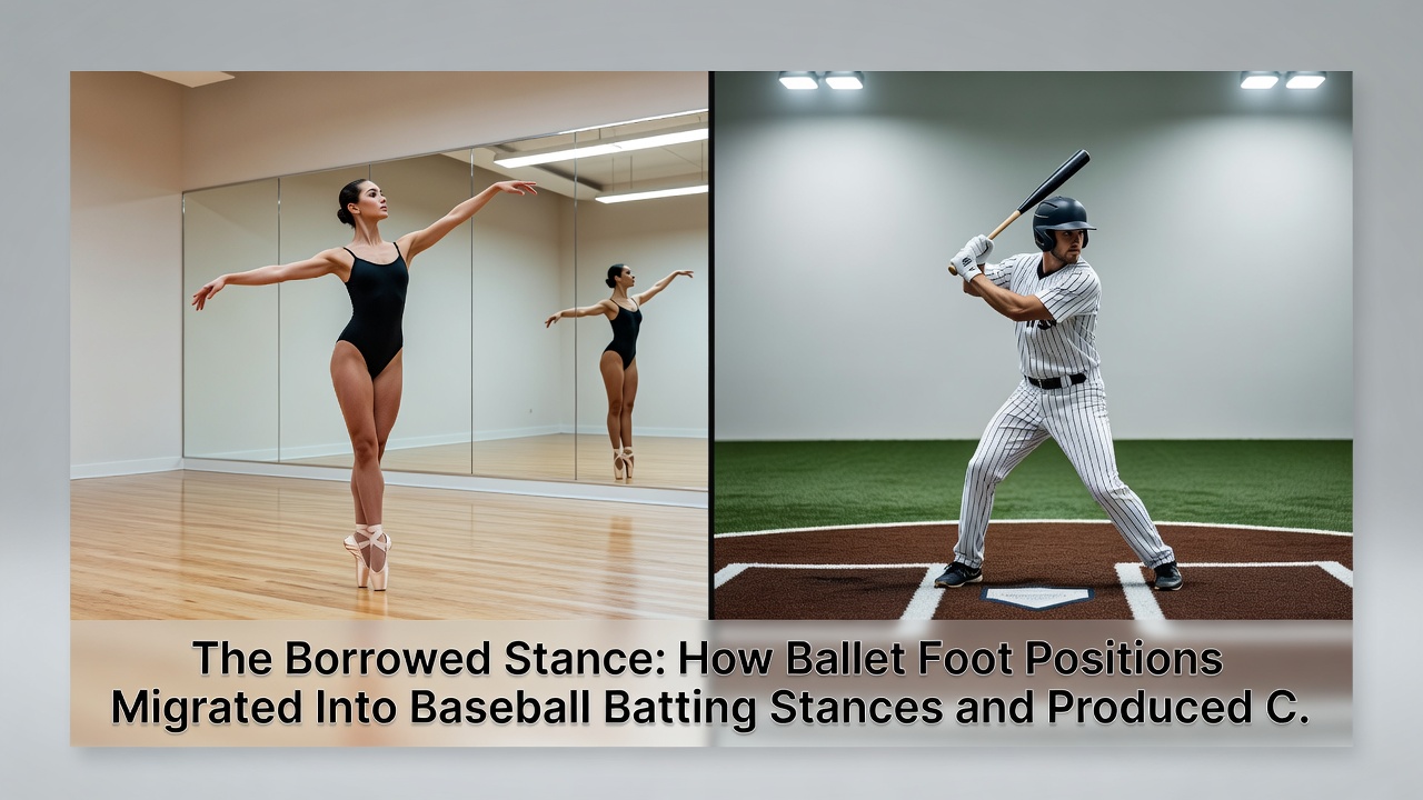 Side-by-side comparison of ballet third position and modern baseball batting stance with motion-capture overlays