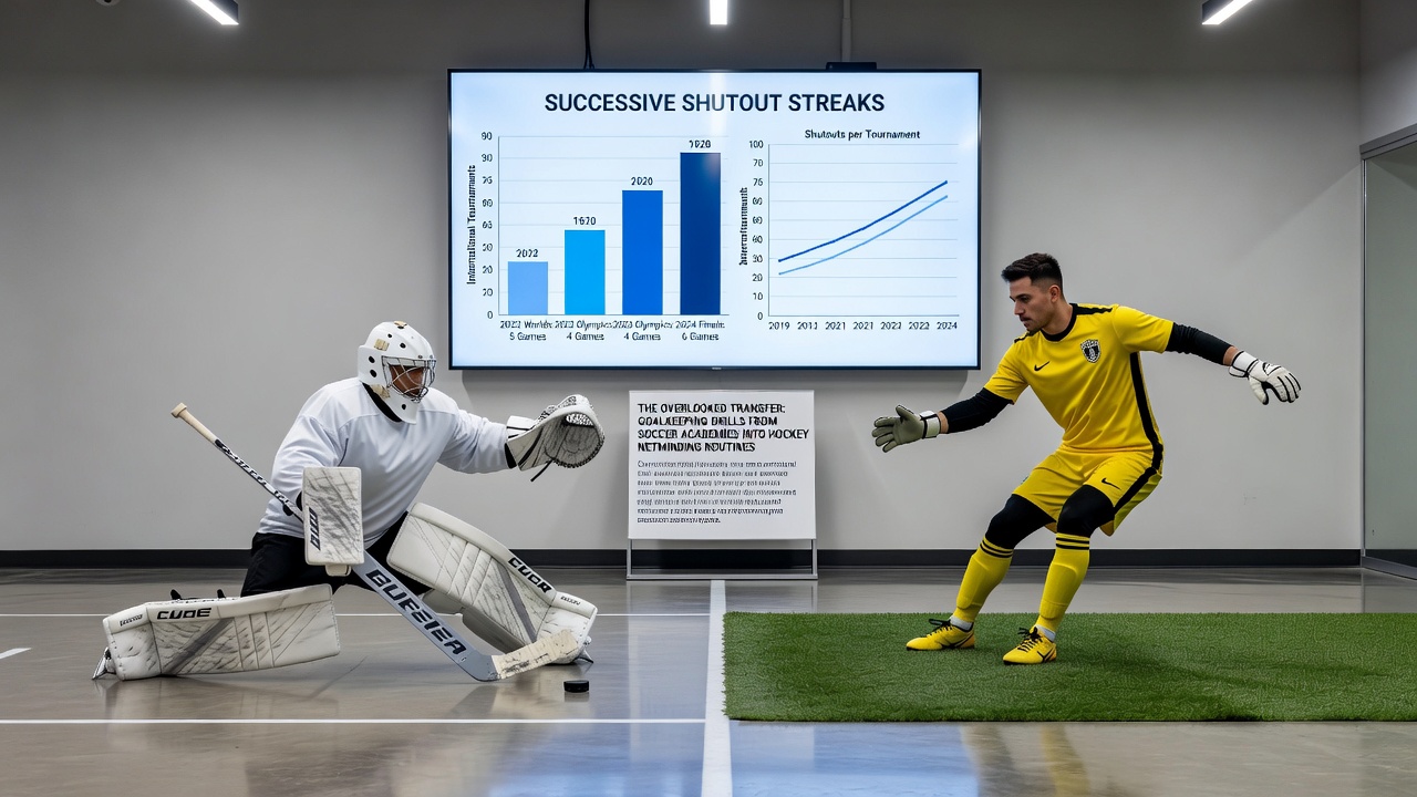 Soccer academy goalkeeper performing footwork drills adapted for hockey netminders during training session