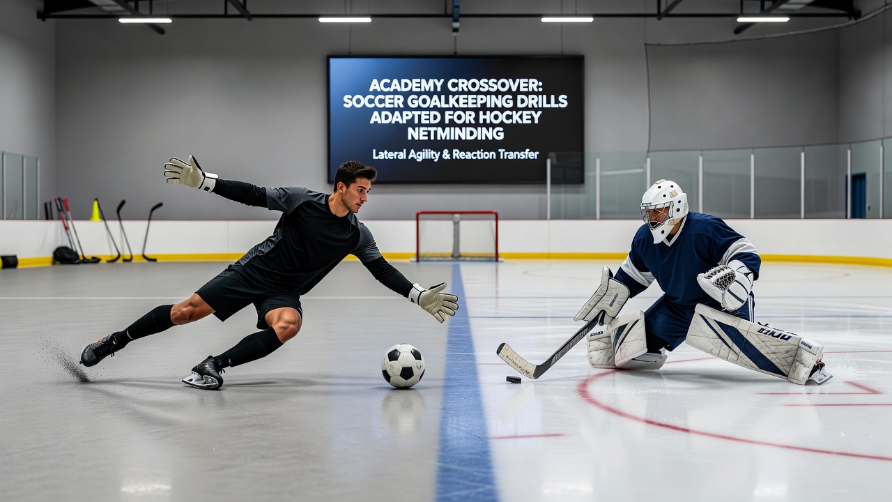 Hockey goaltender executing adapted soccer-style reaction drill on ice during international tournament preparation