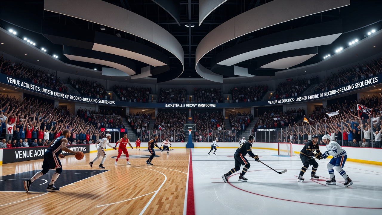 Interior view of a packed basketball arena with reverberant sound waves visualized during a high-stakes playoff game