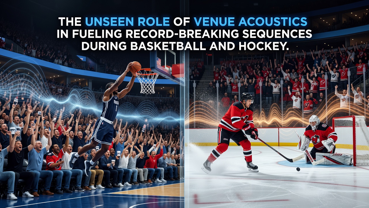 Hockey rink interior during an intense playoff period with visible sound reflections from boards and upper seating