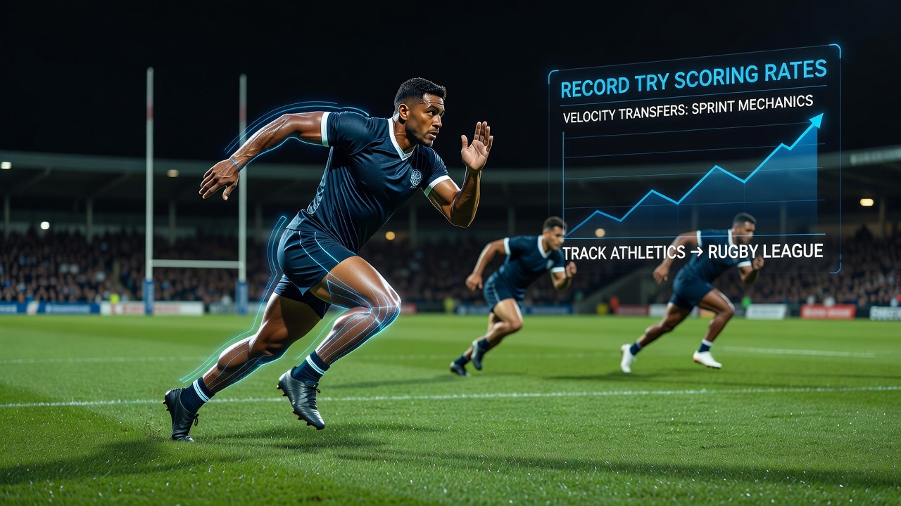 Rugby league players executing explosive sprint starts during a professional match, demonstrating track-influenced acceleration techniques