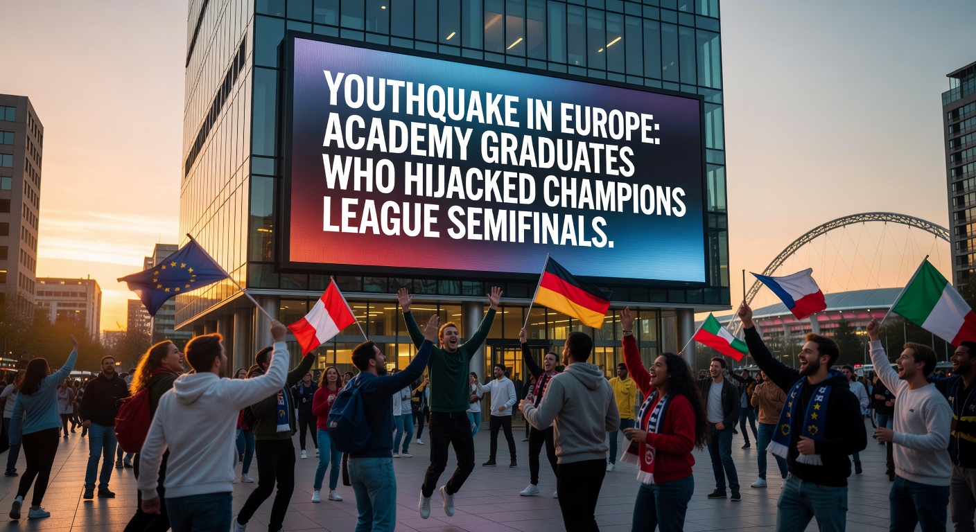 A group of young academy graduates from a top European club celebrating a goal during a Champions League semifinal match, arms raised in triumph under stadium lights